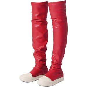 Women Red Polyurethane (PU) Flat Over The Knee Round Toe Thigh High Boots